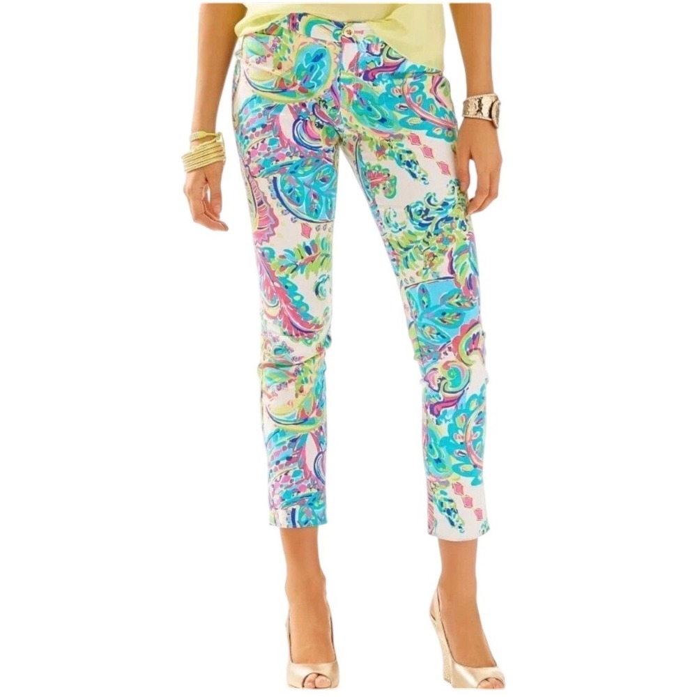 LILLY PULITZER 29" Kelly Textured Ankle Length Skinny Pant White Toucan Play, 14